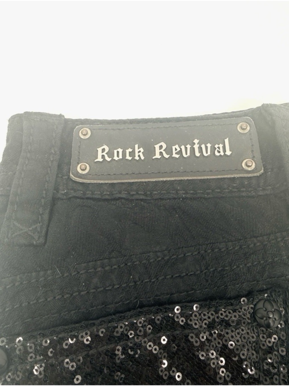 Rock Revival Black Paisley Print Size 24 Skinny Jeans Low Rise Sequin Pockets - Picture 3 of 9